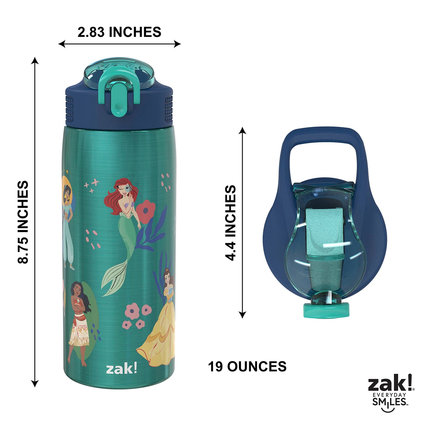Zak Designs Disney Princess Water Bottle for Travel and At Home, 19 oz Vacuum Insulated Stainless Steel with Locking Spout Cover, Built-In Carrying Loop, Leak-Proof Design (Disney Princess)