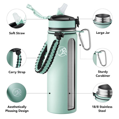 GOSWAG Insulated Sports Water Bottle, 24oz 2 Lids(with Straw/No Straw), Stainless Steel Water Bottles with Paracord Handle, Insulated Bottle with Double-Wall Vacuum Insulation