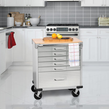 Seville Classics UltraHD Heavy Duty Rolling Cabinet Workbench Table w/Solid Wood Top, Workstation for Garage, Office, Workshop, Granite, 6-Drawer (28" W x 18" D