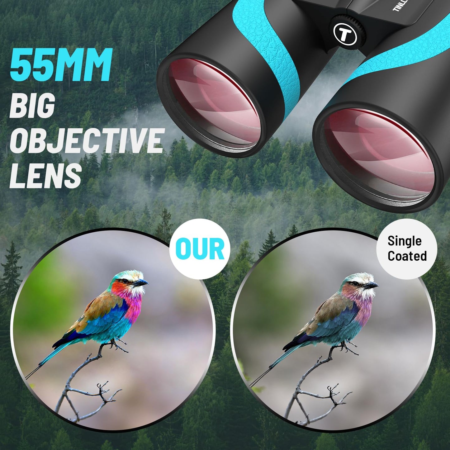 Tinllaans 15x55 HD Binoculars for Adults – High Powered Large View, BAK4 Prism, Waterproof & Lightweight for Bird Watching, Hiking, Travel, Cruise, Sports with Phone Adapter (Blue)