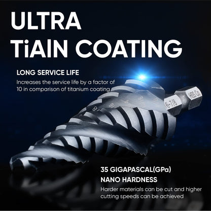 toolant Four Spiral Flute Cobalt Step Drill Bit(Pro), 3/16" - 7/8"(12 Step Size) Impact Ready Unibit Step Drill Bit, 1/4" Hex Shank Step Bit for Metal, Stainless Steel, Aluminum, Plastic