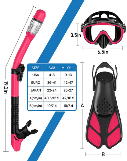 Ubekezele Snorkeling Gear for Adults Men Women,4 in 1 Snorkel Set with Panoramic View Diving Mask Anti-Fog Anti-Leak,Dry Top Snorkel,Fins and Travel Bag for Swimming,Snorkeling and Travel Diving