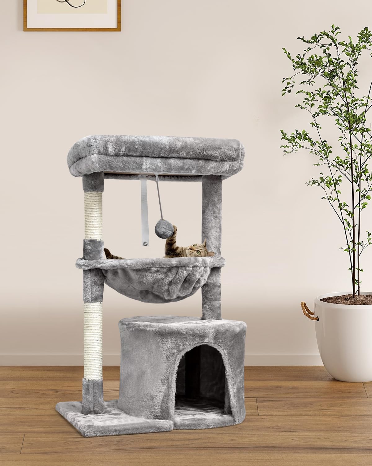SYANDLVY Small Cat Tree for Indoor Cats, Activity Cat Tower with Scratching Post for Kittens, Modern Cat Furniture with Basket & Hanging Ball for Play Rest, Grey