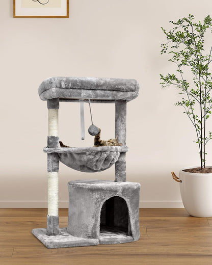 SYANDLVY Small Cat Tree for Indoor Cats, Activity Cat Tower with Scratching Post for Kittens, Modern Cat Furniture with Basket & Hanging Ball for Play Rest, Grey