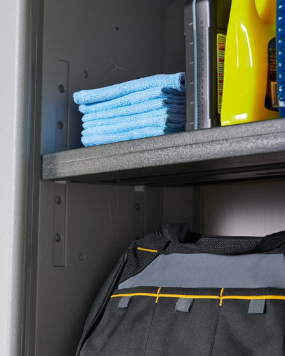 Rubbermaid Wall Mounted Storage Cabinet with Doors 150-Pound Capacity Gray Lockable Three-Shelf Cubbard for Tools/Car Accessories/Cleaning in Home/Garage/Outdoor Areas