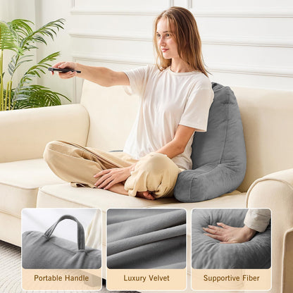 Sasttie Reading Pillows for Sitting in Bed Adult, Velvet Back Pillow Bed Sitting Up, Back-Rest Support Cushion for Sit Up on Couch, Sofa, and Floor, Dorm Essentials, Oeko-Tex Certified, Dark Grey