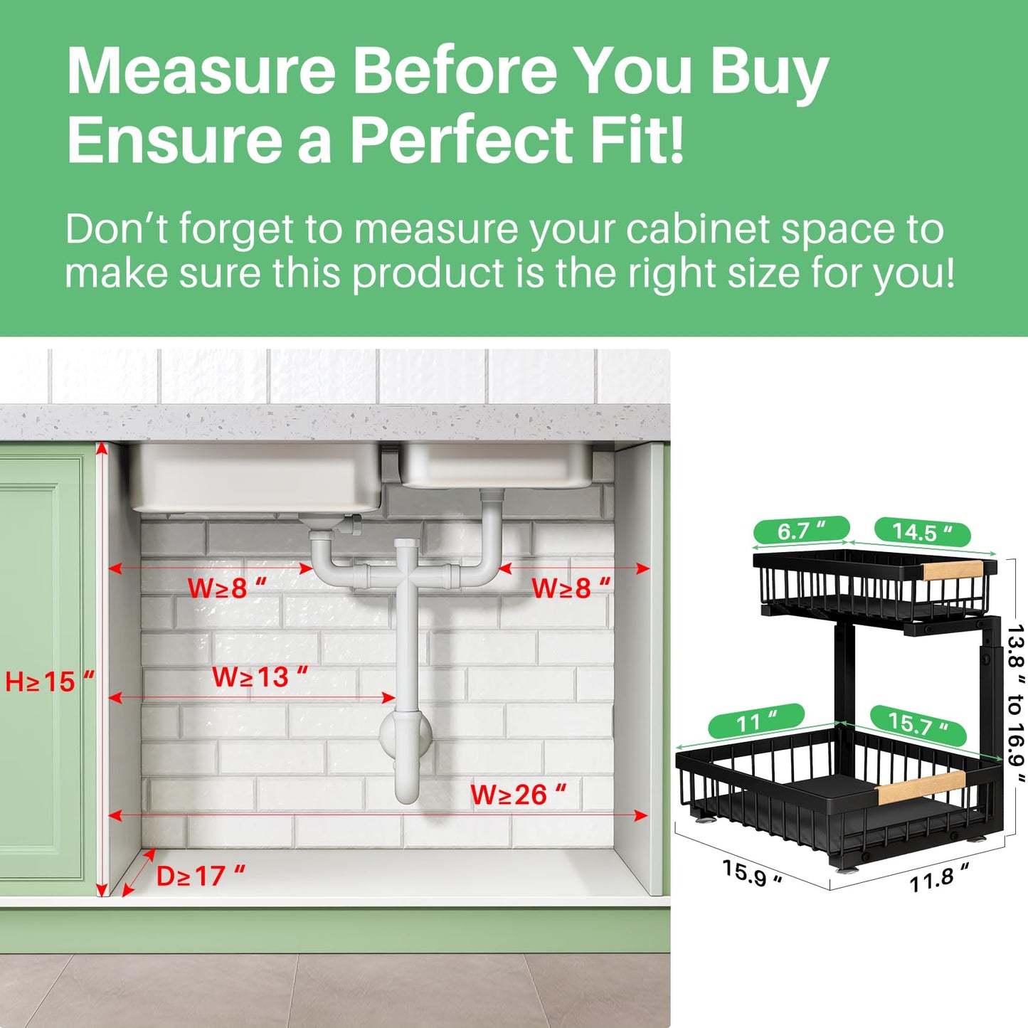 Under Sink Organizer, 2 Packs 2 Tier Under Sink Organizers and Storage, Slide Out Pull Out Cabinet Organizer Shelf, Metal Sliding Drawer for Kitchen Bathroom Pantry Cabinet Closet Organization Rack