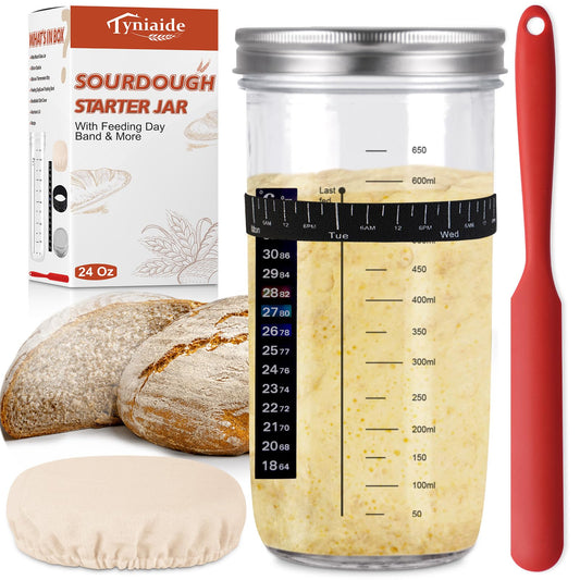 Sourdough Starter Jar Kit, 650ml Sourdough Starter Jar With Thermometer, Silicone Scraper, Cloth Cover And Aluminum Lid. Reusable Sour Dough Starter Jar