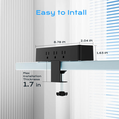 Flat Plug Desk Clamp Power Strip 10FT, 40W Total Fast Charging Station, Dual PD 20W USB C Ports, Desk Edge Mount Power Strip 9 AC Outlets 8 USB Ports(4 USB C) Surge Protector, Fit 1.7" Tabletop Edge