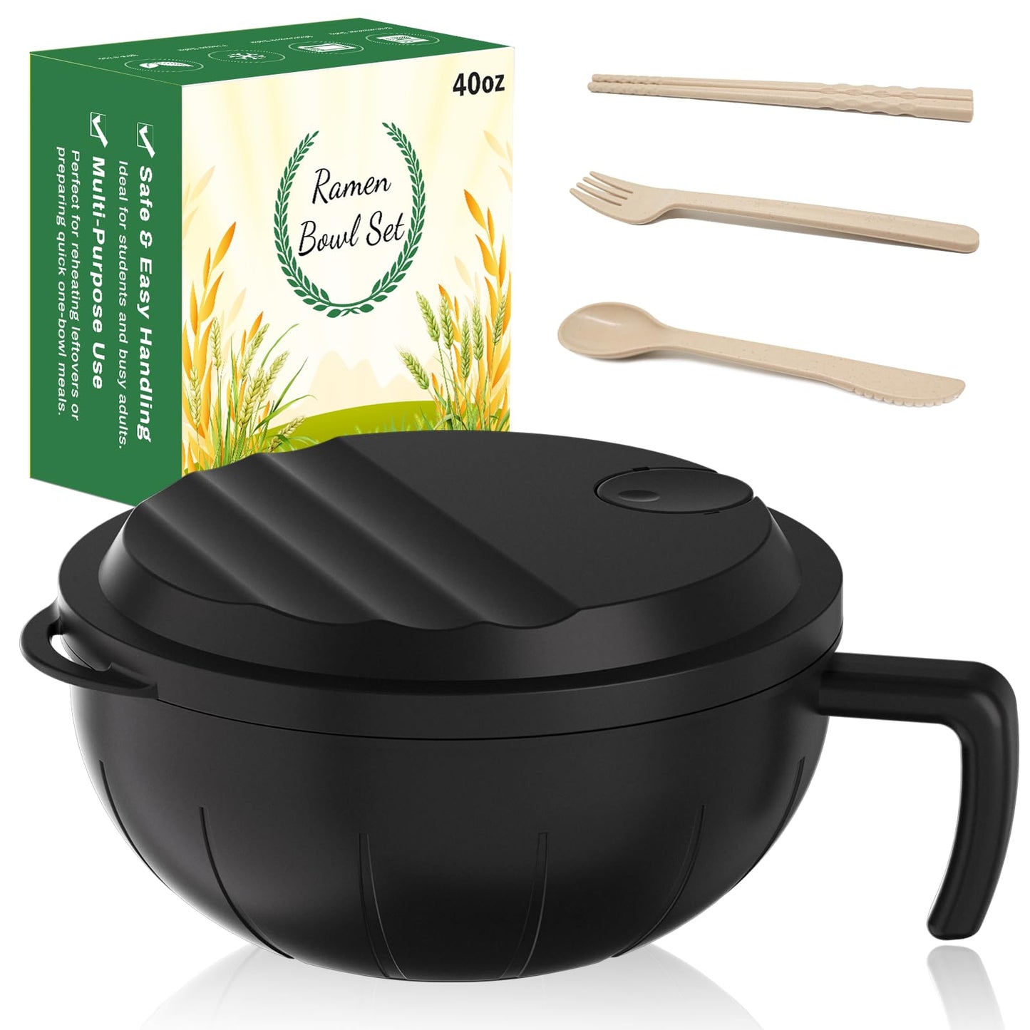 steo spce Large Ramen Bowl Set, 40 Oz Microwaveable Noodle Cooker with Leak-Proof Lids, Chopsticks, Spoon & Fork – Portable and Dishwasher Safe, Ideal for Home, Office, Dorm, or Gift Light (Black)