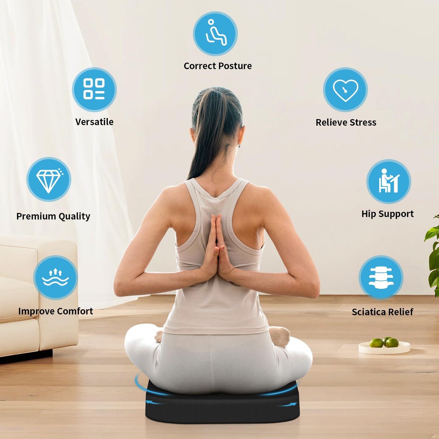 TranquilRelax Large Seat Cushion, Soft Foam Cushion for Long Sitting Hours on Office Chair, Home & Car, Non-Slip Chair Pad for Relieving Back & Sciatica & Hip & Coccyx Pain (Black)