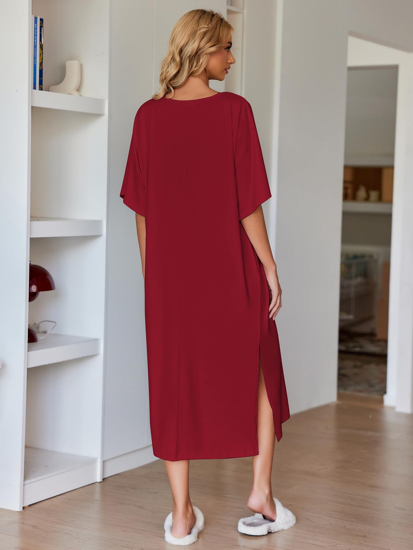 Ekouaer Womens V-Neck Cotton Nightgown Oversized Loose Fit Long Sleep Dress Purplish Red XX-Large
