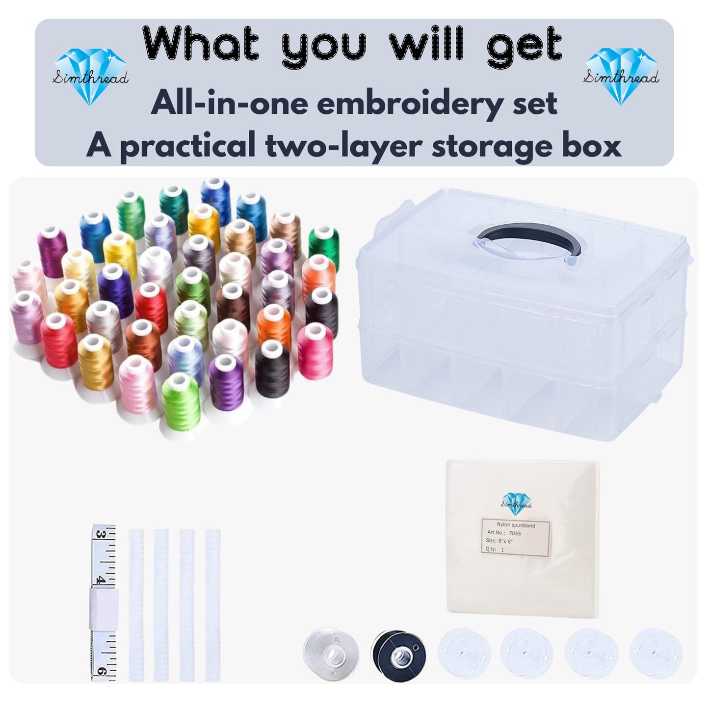 Simthread 40-Color Embroidery Thread Kit – 40 Spools 550 Yards Each, 40WT Polyester Thread with 2-Layer Stackable Box, Bobbins & Tools – Compatible with Brother, Janome, Babylock and More