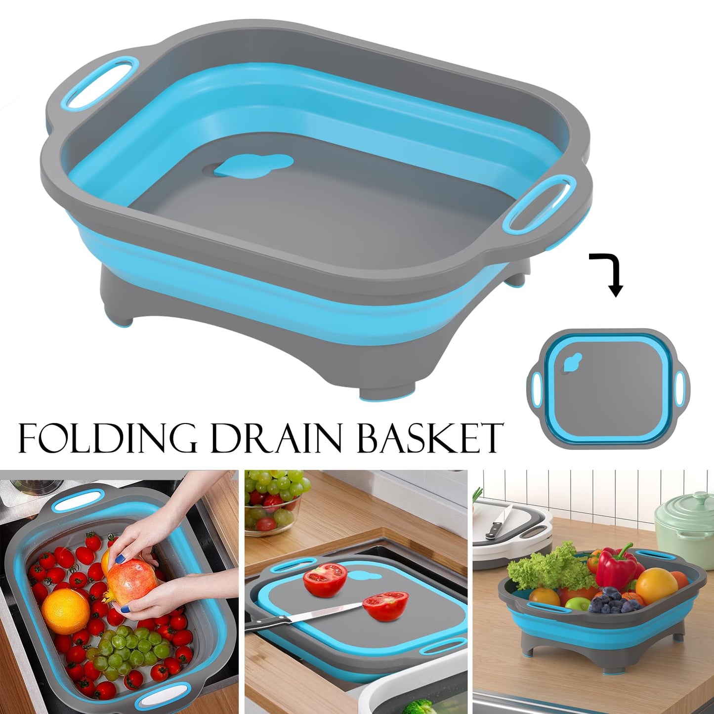 Collapsible Cutting Board,HI NINGER Camping cutting board with knife,Multifunctional Kitchen Vegetable Washing Basket Silicone Dish Tub for Camping Kitchen essentials/bbq prep tub/rv accessories