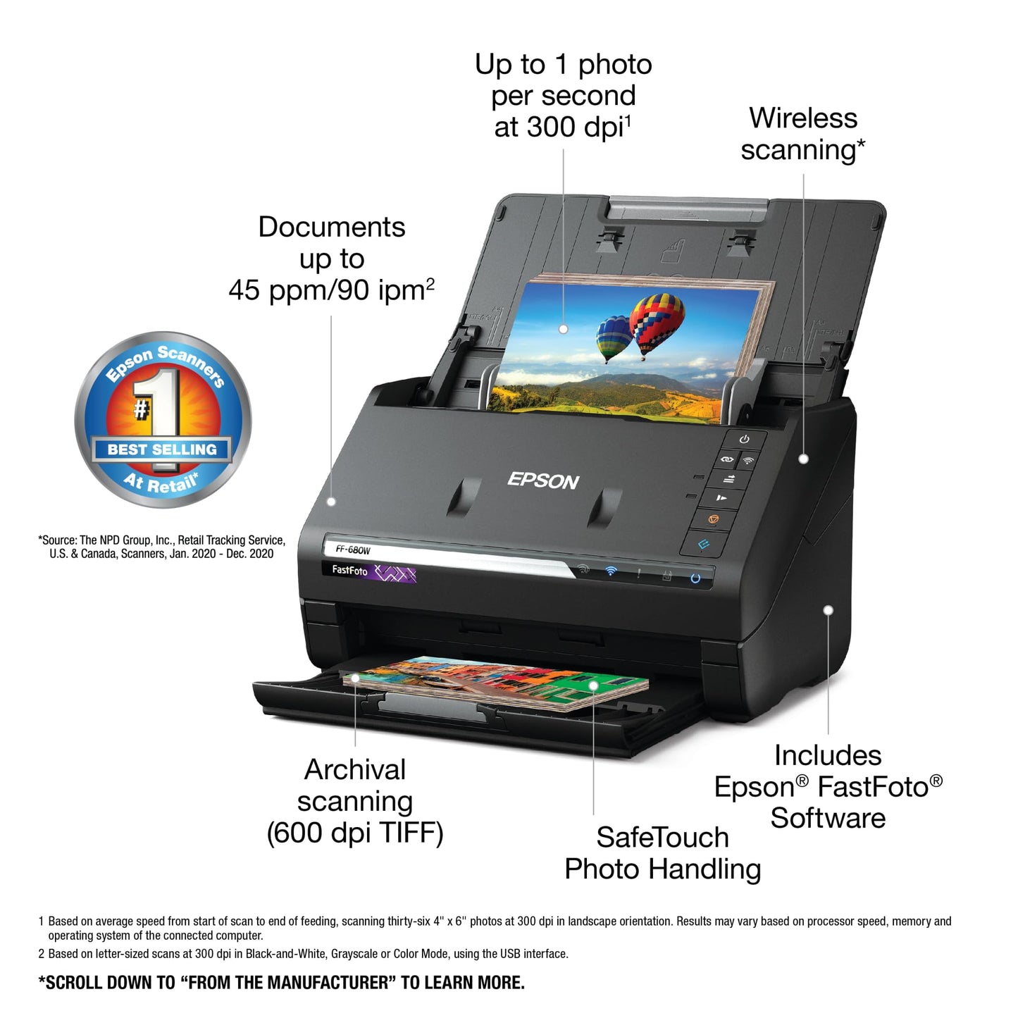 Epson FastFoto FF-680W Wireless High-Speed Photo and Document Scanning System, Black