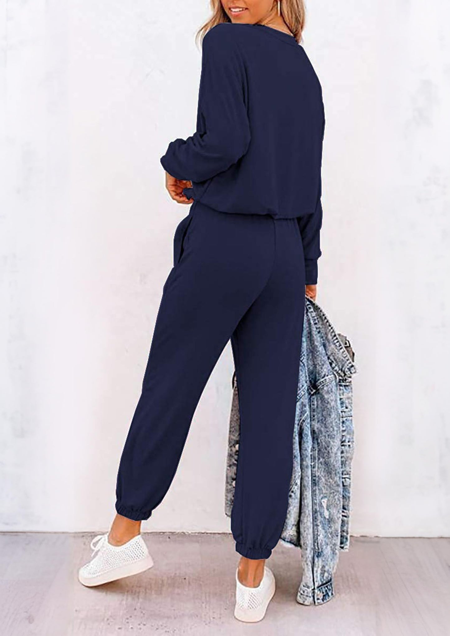 PRETTYGARDEN Women Fall 2 Piece Lounge Outfit Long Sleeve Tops High Waisted Jogger Pants Set Spring Travel Clothes Tracksuit (Patterned-navy,Medium)