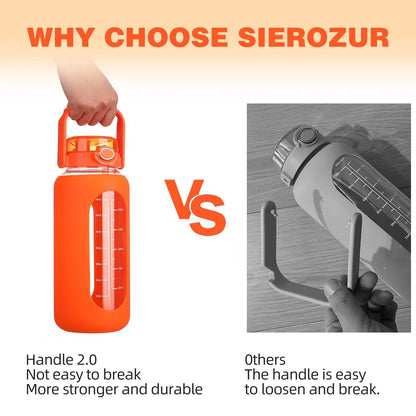 SIEROZUR 64oz Glass Water Bottle with Straw and Handle Lid Half Gallon Motivational Glass Bottle with Silicone Sleeve and Time Marker Large Reusable Sports Water Jug for Gym Home Workout