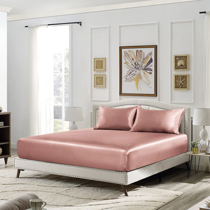 SiinvdaBZX 3-Piece Set Satin Queen Fitted Sheet & 2 Pillowcase, Champagne Silky Soft Fitted Bottom Sheet, Wrinkle Free, Fade Resistant, Deep Pocket Bed Sheet (Deep Up to 15")