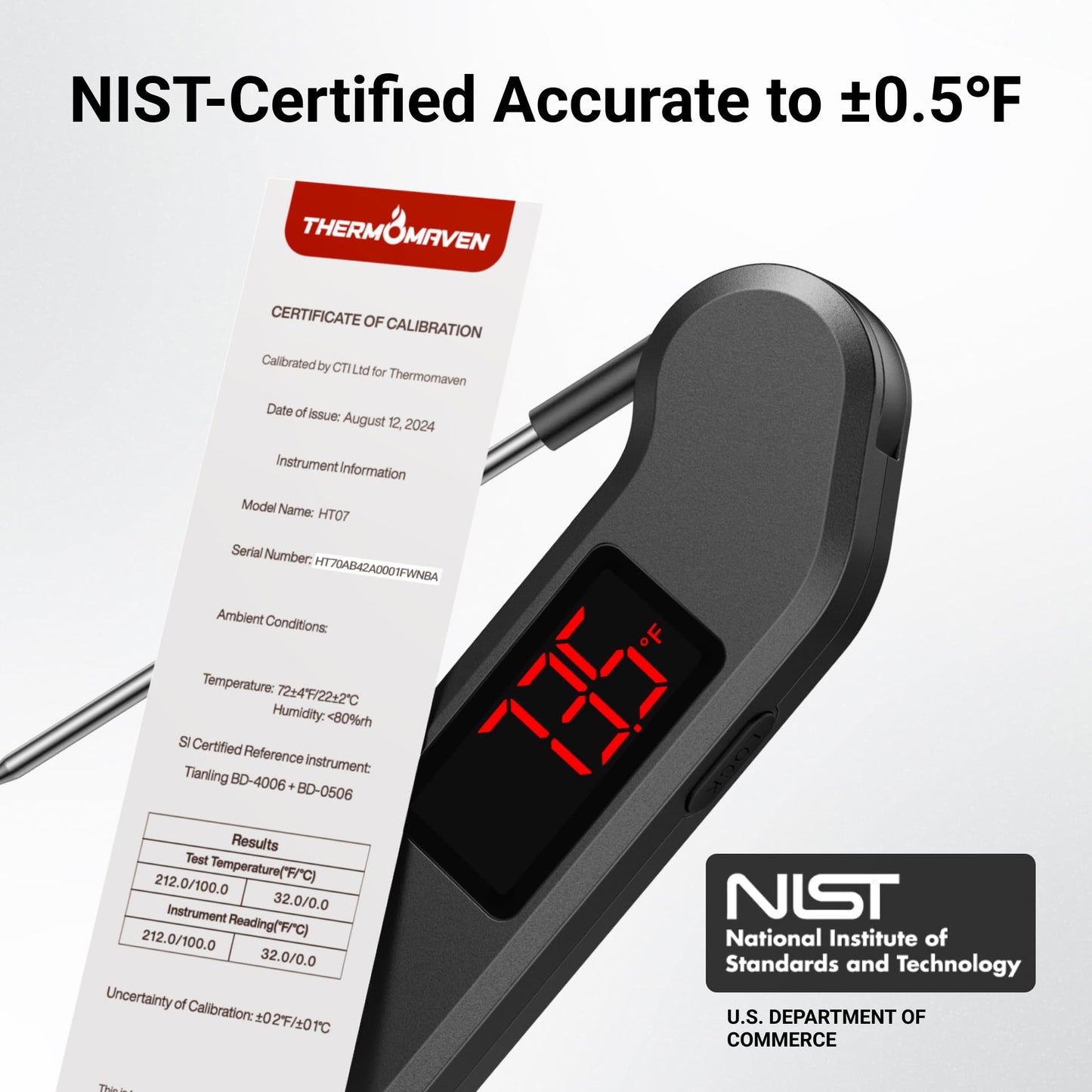Professional Digital Meat Thermometer, 1 Sec Instant Read, ±0.5℉ Accuracy NIST&NSF Certified Food Thermometer, Auto-Rotate Bright LED Screen, 100% Waterproof Cooking Thermometer for Grill BBQ, Black