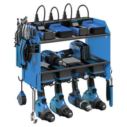 CCCEI Modular Power Tool Organizer Wall Mount with Charging Station. Garage 4 Drill Storage Shelf with Hooks, Screwdriver, Drill Bit Heavy Duty Rack, Tool Battery Holder Built in 8 Outlet Power Strip.