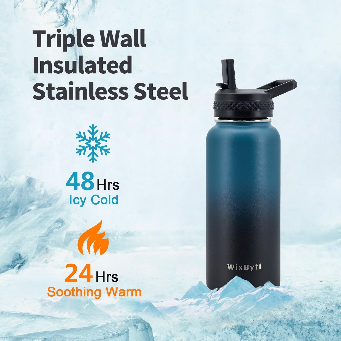 WixByti 32 oz Insulated Water Bottle with Straw (Cold for 48 Hrs), Stainless Steel Triple Wall Vacuum Sports Water Jug, Leakproof Hydro Cup Flask with Paracord Handle & Straw Spout Lids & DIY Stickers