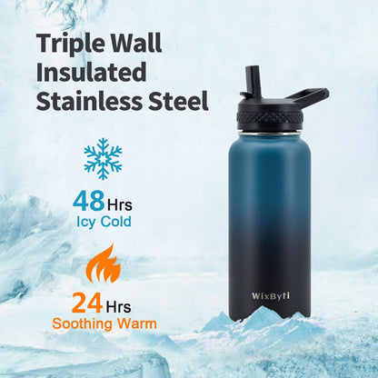 WixByti 32 oz Insulated Water Bottle with Straw (Cold for 48 Hrs), Stainless Steel Triple Wall Vacuum Sports Water Jug, Leakproof Hydro Cup Flask with Paracord Handle & Straw Spout Lids & DIY Stickers