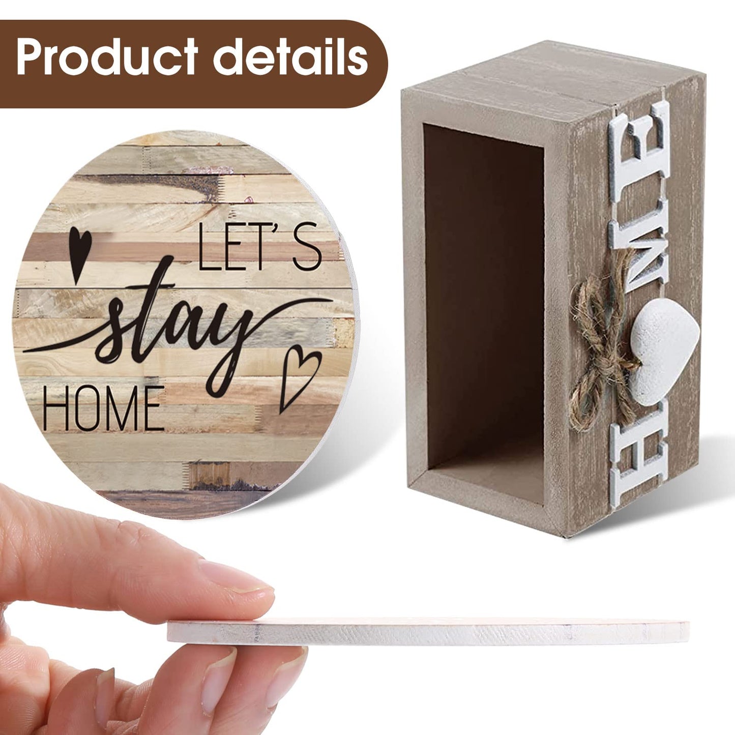 Queekay Housewarming Gifts for Home Decoration Wooden Heart Coasters for Drinks 6 Set Farmhouse Coasters with Holder Funny for Family Coffee Table Protection, 4''(Classic Farmhouse)