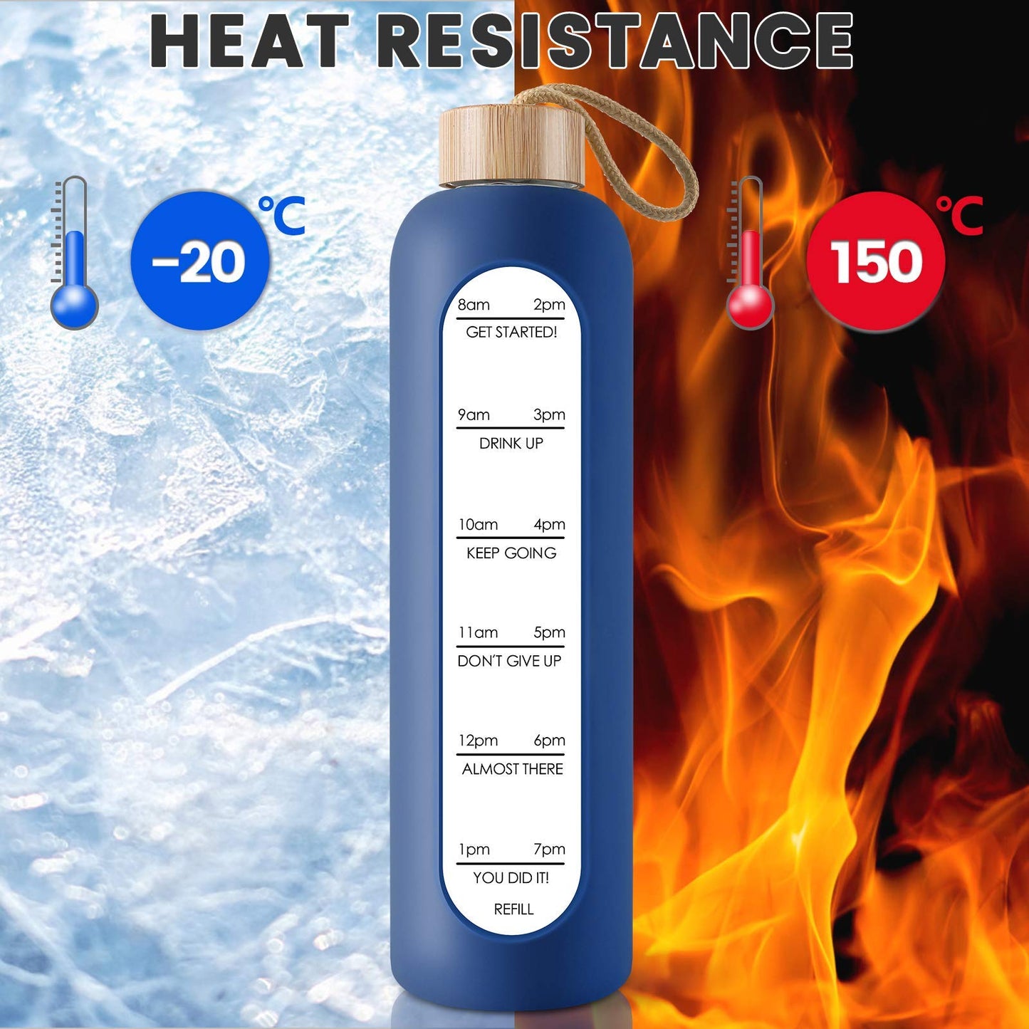 PROBTTL 32 Oz Borosilicate Glass Water Bottle with Time Marker Reminder Quotes, 1 Liter Leak Proof Reusable BPA Free Motivational Water Bottles with Silicone Sleeve and Bamboo Lid (Navy Blue)