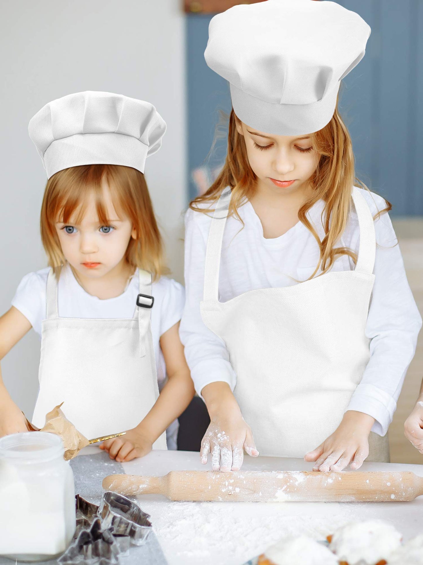 SATINIOR 8 Set Kids Apron and Chef Hat Set Kids Apron with 2 Pockets Adjustable for Boys Girl's Cooking Baking Painting