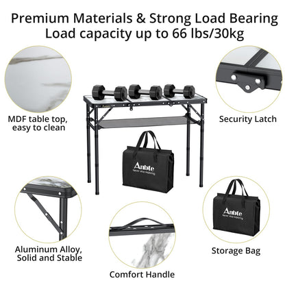 Anbte Folding Camping Table, Aluminum Small Folding Table 3 Adjustable Height Max 27.5", Portable Table with Carry Handle, Lightweight, for Outdoor Indoor Travel Camping Picnic BBQ, 34.6" x 15.7"