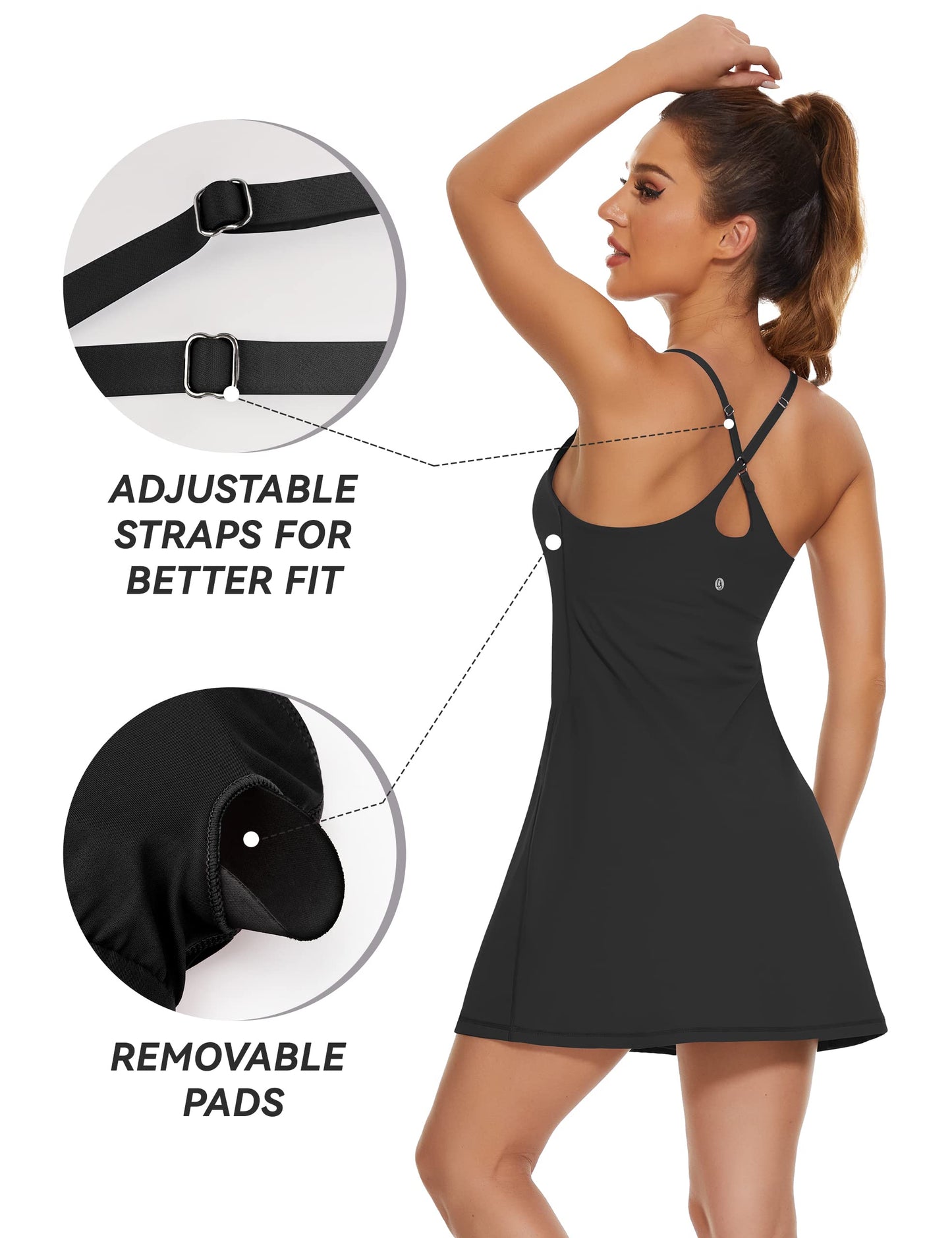 Womens Tennis Dress, 2-in-1 Golf Workout Dress with Built-in Bra & Shorts Pockets, Athletic Dresses with Adjustable Strap A-Black