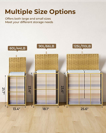 GREENSTELL Laundry Hamper with Lid, 60L Clothes Hamper with 2 Removable Liner Bags & 2 Mesh Laundry Bags, Handwoven Synthetic Rattan Laundry Basket for Clothes, Toys in Bathroom, Bedroom Natural