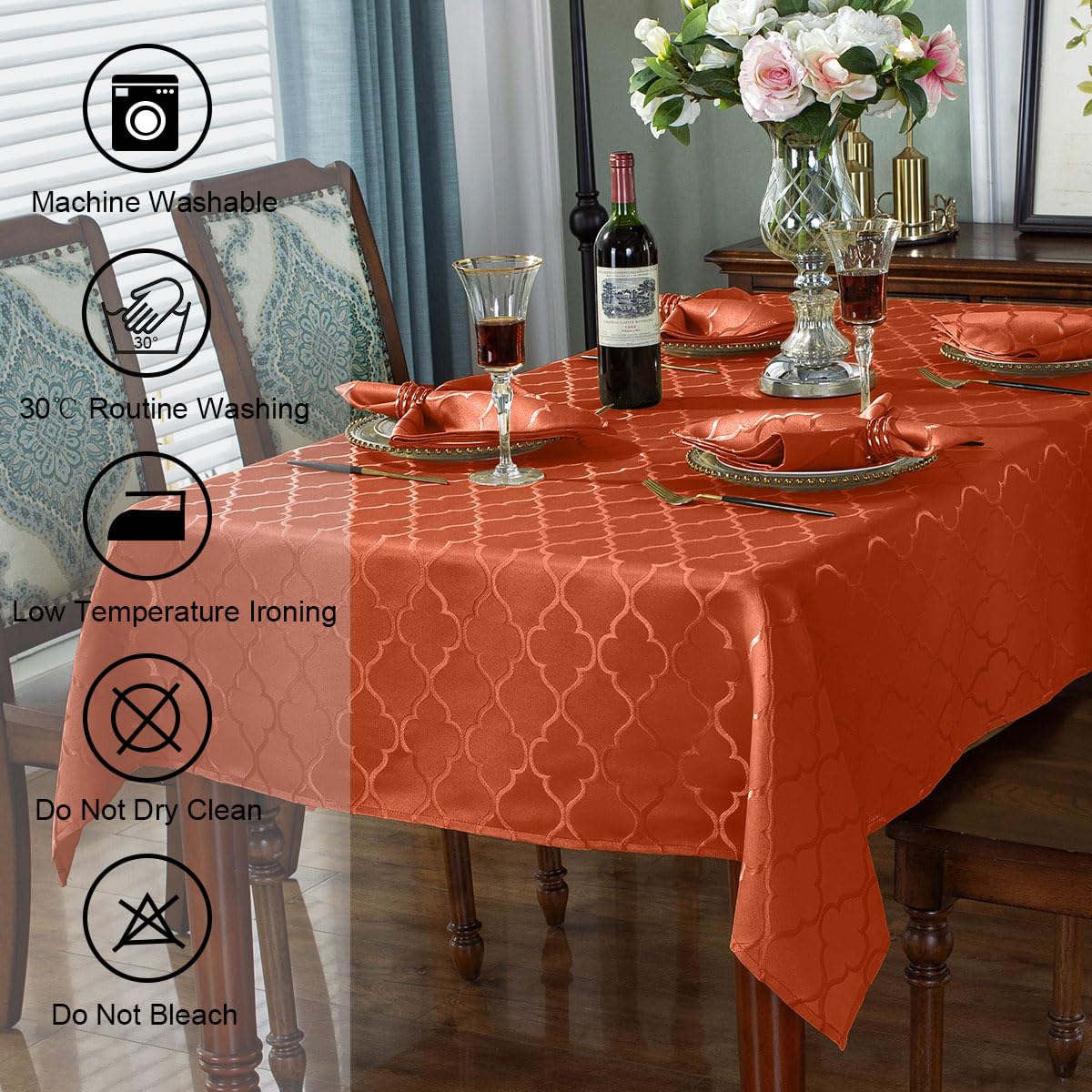 SASTYBALE Rust Jacquard Damask Tablecloth - 60x84 Inch Rectangle (Fits 6-8 Seats) - Fall Thanksgiving Decor - Water Resistant, Wrinkle-Free Polyester, Rustic Harvest Dining Cover for Parties