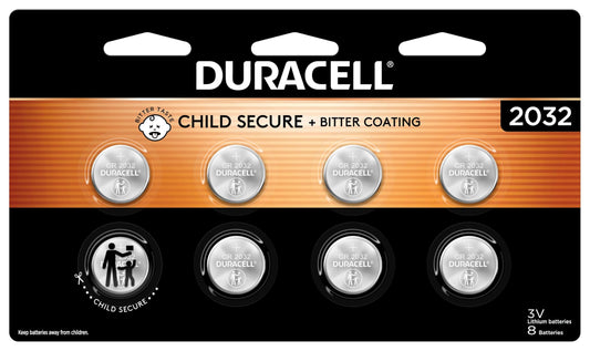 Duracell 2032 Lithium Battery. 8 Count Pack. Child Safety Features. Compatible with Apple AirTag, Key Fob, and other devices. CR2032 Battery Lithium Coin. CR 3V Cell