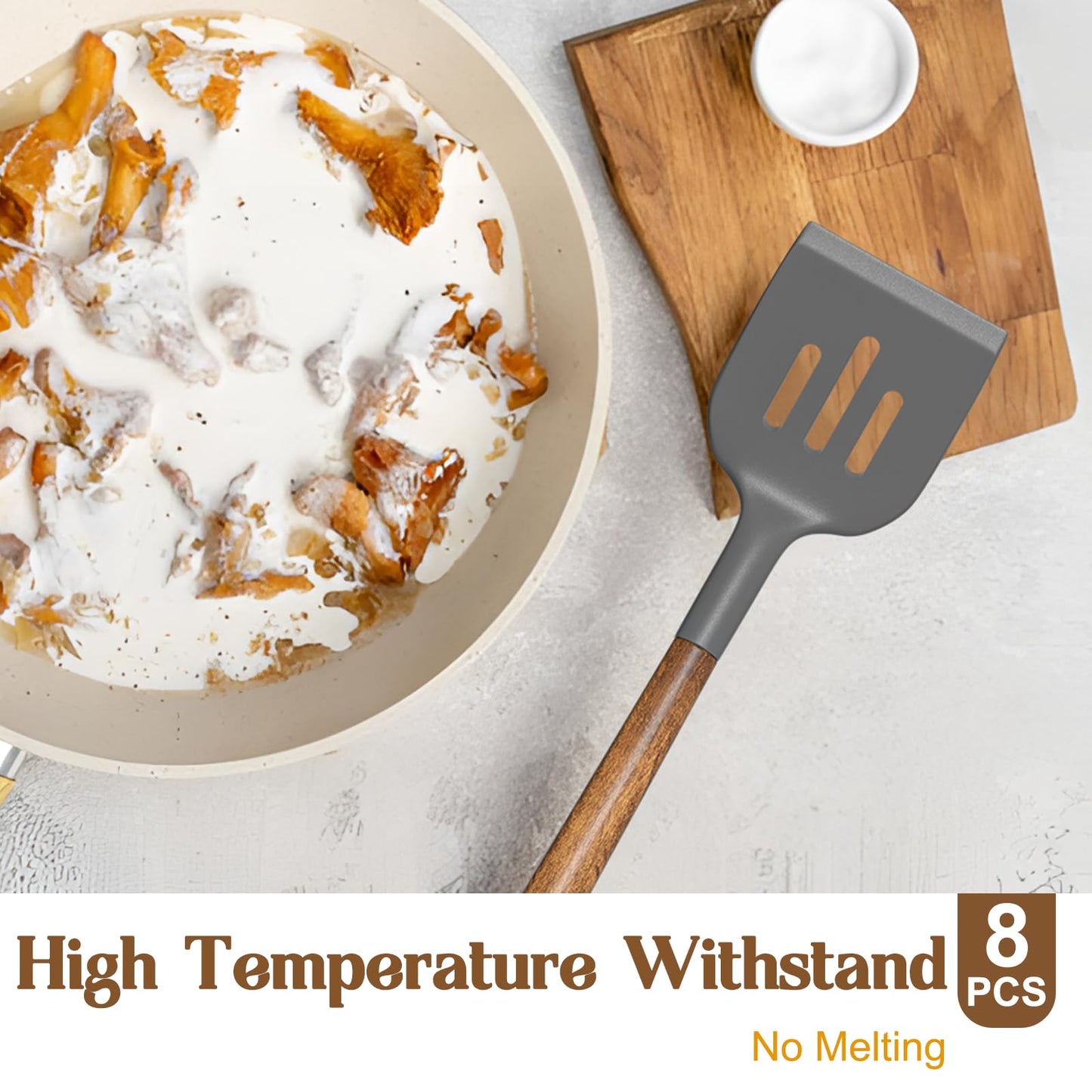 Umite Chef Silicone Cooking Utensil Set, 8-Piece Kitchen Utensils Set with Natural Acacia Wooden Handles,Food-Grade-Silicone Kitchen Gadgets and Spatula Set for Nonstick Cookware - Grey