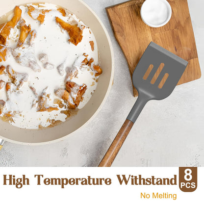 Umite Chef Silicone Cooking Utensil Set, 8-Piece Kitchen Utensils Set with Natural Acacia Wooden Handles,Food-Grade-Silicone Kitchen Gadgets and Spatula Set for Nonstick Cookware - Grey