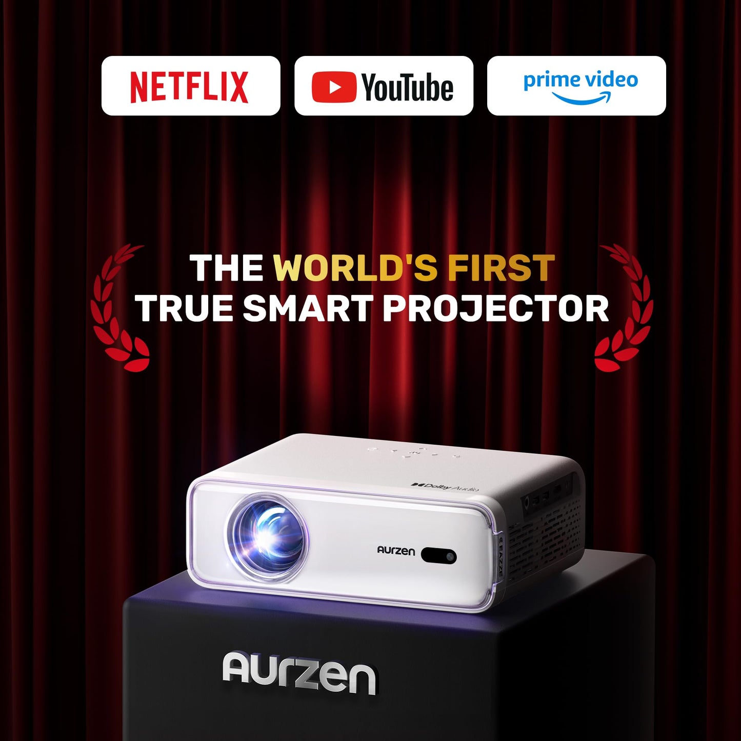 Aurzen EAZZE D1 Smart Projector with WiFi and Bluetooth, Netflix-Officially-Licensed, Auto Focus & Keystone, DoIby Audio, Zoom, Native 1080P Movie, Portable Outdoor Mini Projector, White