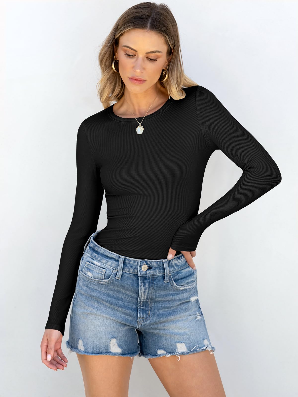 ANRABESS Women Long Sleeve Shirts Rib Knit Slim Fit Tops Basic Tee 2025 Fall Outfits Casual T-Shirt Underscrubs Layer Clothes Black Medium
