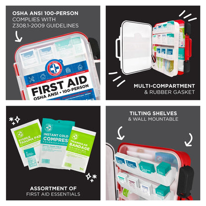 Be Smart Get Prepared First Aid Kit Hard Red Case 326 Pieces Exceeds OSHA and ANSI Guidelines 100 People - Office, Home, Car, School, Emergency, Survival, Camping, Hunting and Sports (20HBC01015REV3)