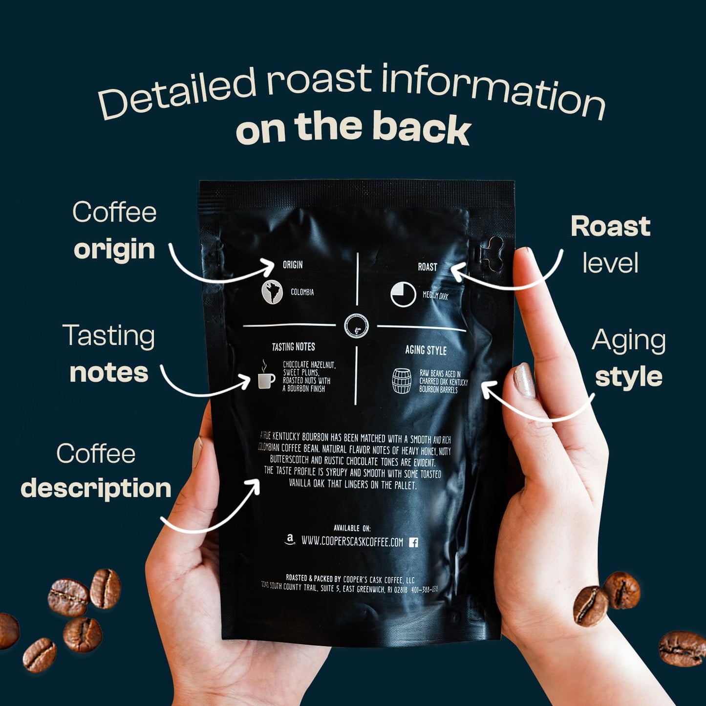 Bourbon & Whiskey Barrel Aged Coffee Box Set - 4-Bag Roasted Coffee Sampler- Bourbon Colombian, Malt Whiskey Sumatra, Rye Whiskey Ethiopian, Rum Barrel Rwanda, (Whole Bean, 4 Ounce (Pack of 4))