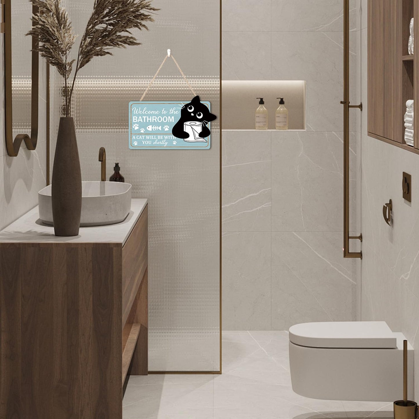 TOARTi Funny Bathrooms Decor Black Cats Welcome to The Bathroom Wood Sign A Cat Will Be with You Shortly Black Cat Bathroom Wooden Hanging Sign for Toilet Powder Room Restroom Wall Decoration