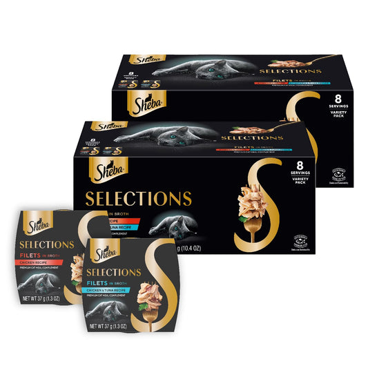 Sheba Selections Filets in Broth Adult Wet Cat Meal Complement Chicken or Tuna Recipe, 1.3 oz. Cups, 8 Count (Pack of 2)
