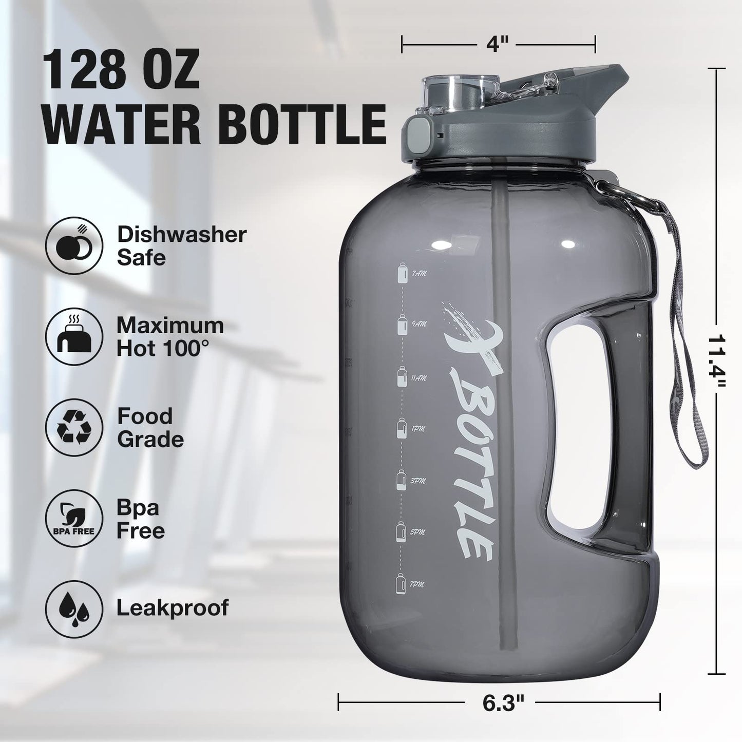 XBOTTLE 1 Gallon BPA Free Tritan Water Bottle with Straw & Chug Lid for Sports Camping Fitness 128oz Black
