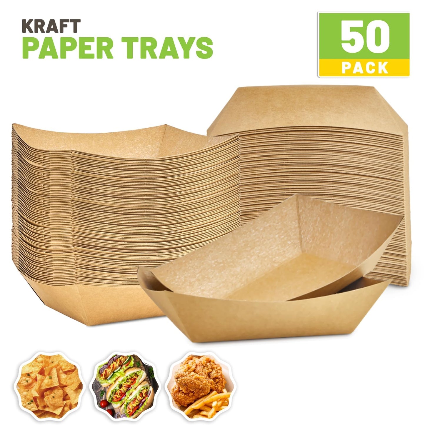 ZORRITA 3 Lb Paper Food Trays - 50 Pack Disposable Nacho Trays, Kraft Paper Food Boats Taco Holders Party Serving Baskets for Hot Dogs Snacks Tacos Fries