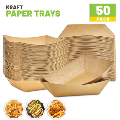 ZORRITA 3 Lb Paper Food Trays - 50 Pack Disposable Nacho Trays, Kraft Paper Food Boats Taco Holders Party Serving Baskets for Hot Dogs Snacks Tacos Fries