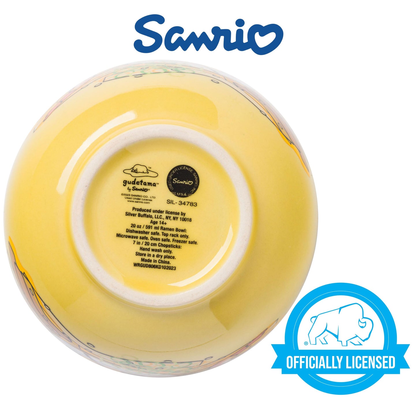Silver Buffalo Sanrio Hello Kitty and Friends Gudetama Lazy Egg Sailing In Ramen Ceramic Ramen Noodle Rice Bowl with Chopsticks, Microwave Safe, 20 Ounces