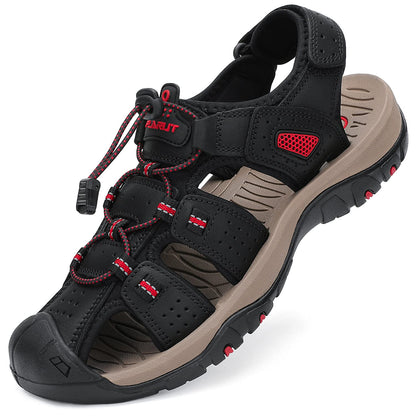 FLARUT Men's Sport Sandals Outdoor Hiking Sandals Closed Toe Leather Athletic Lightweight Trail Walking Casual Sandals Water Shoes (C-Black,43)