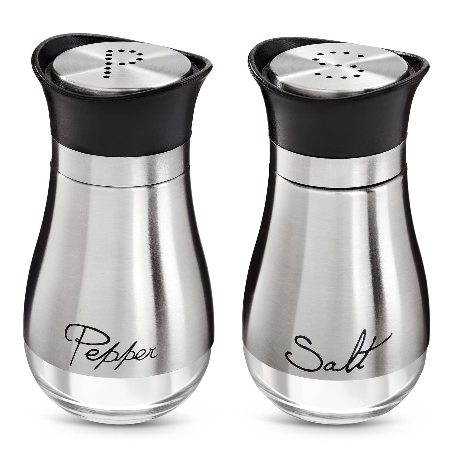 Stainless Steel Salt and Pepper Shaker Set with Glass Bottom, Perforated "S" and "P" Caps - Modern Kitchen Counter Decor (4oz)