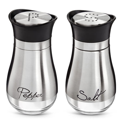Stainless Steel Salt and Pepper Shaker Set with Glass Bottom, Perforated "S" and "P" Caps - Modern Kitchen Counter Decor (4oz)