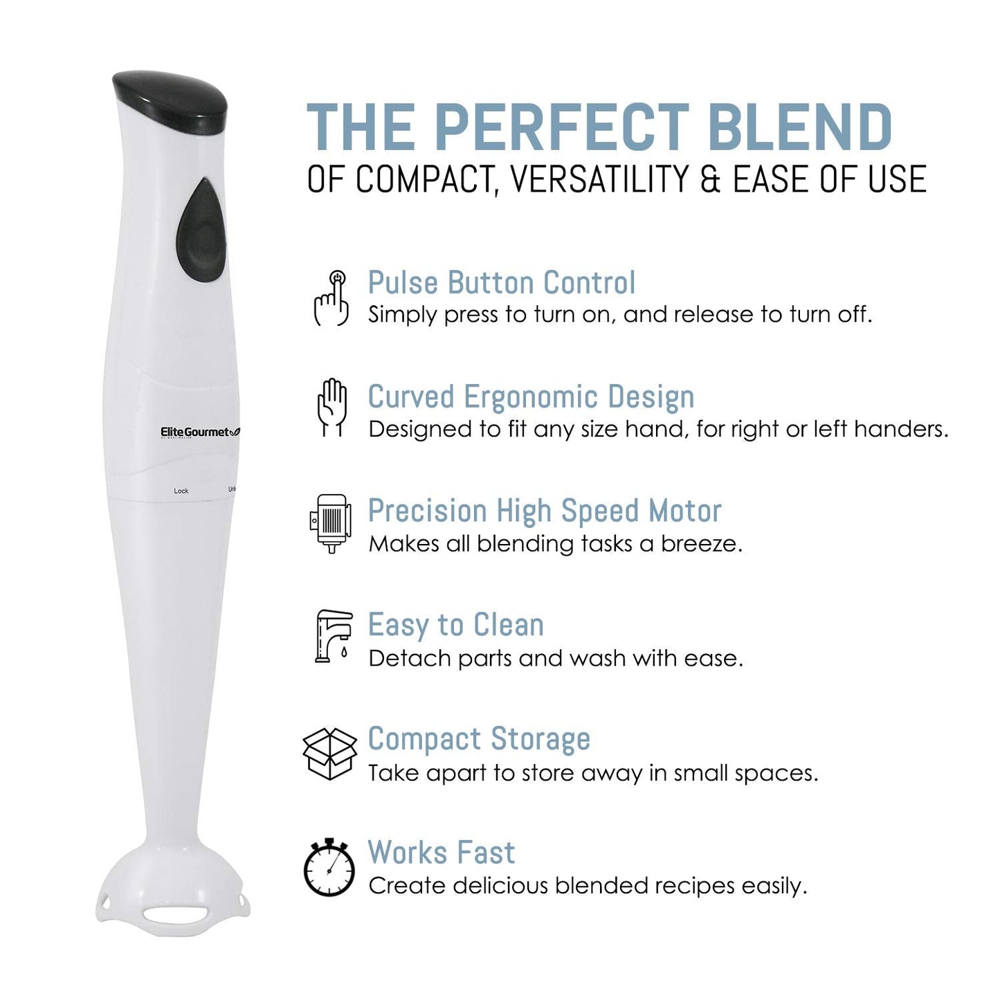 Elite Gourmet EHB-2425X Electric Immersion Hand Blender Stick, Mixer, Chopper, 1-Touch Control Multi Purpose, 150 Watts, For Soups, Sauces, Baby Food, White
